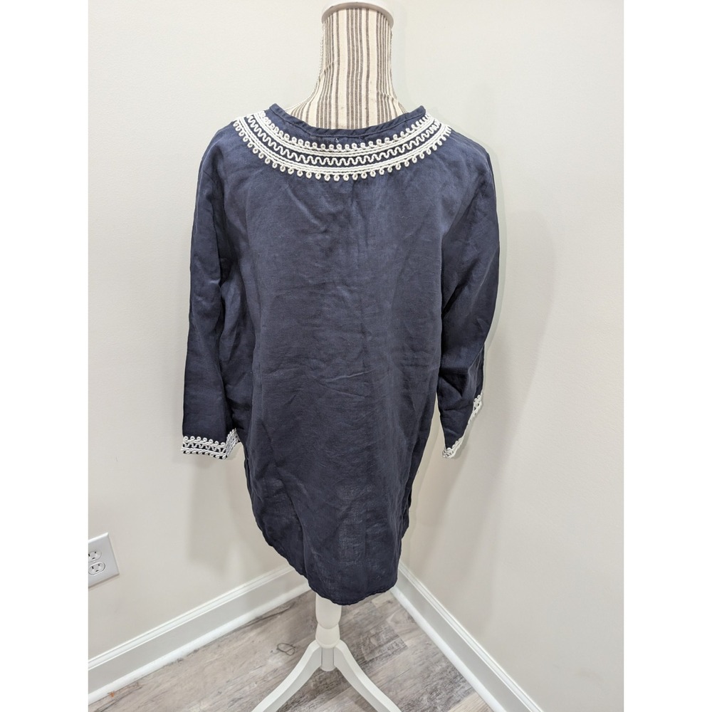 NWT 100% Linen Navy Blue Embroidered Tunic Size XL Boho Cottagecore - Picture 6 of 11